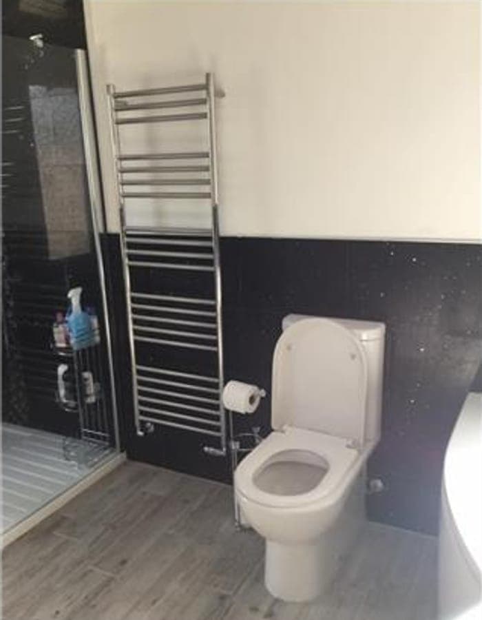 A toilet and chrome towel rail against a black feature wall